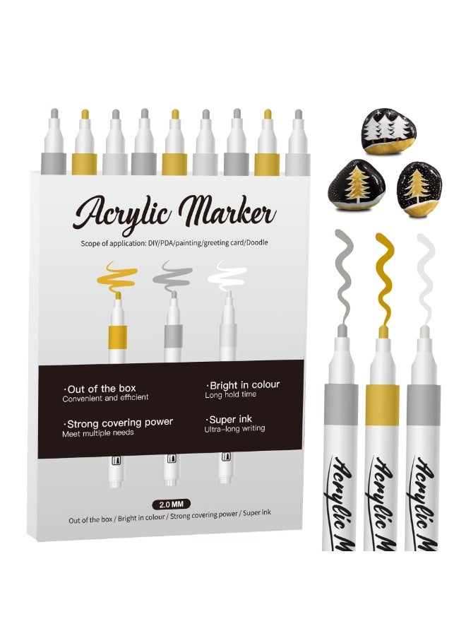 fantasize 9 Pcs Acrylic Paint Pens Markers, Acrylic Markers, 2-3mm Medium Tip, White Gold Silver Paint Pen for Art Projects, Drawing, Rock Painting, Ceramic, Glass, Wood, Plastic, Metal, Canvas DIY Crafts - Image 1